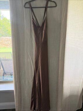 Show Me Your MuMu Anderson Maxi- Brown Satin Slip Maxi Dress- Dune Luxe